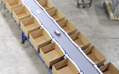 sorting conveyor system with belt and bins
